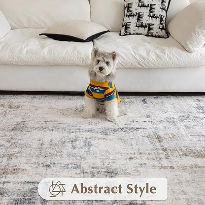 FMFUNCTEX 8x10 Washable Area Rug Brown Blue Neutral Abstract Modern Large Non Slip Carpet for Living Room Bedroom Soft Low Pile Indoor Mat Thin Accent Throw Rug for Dining Room Kitchen Office Nursery
