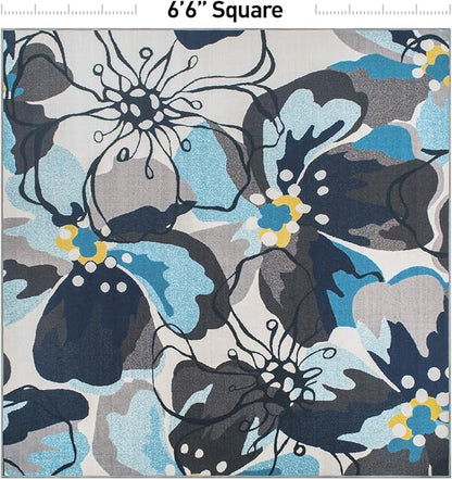 Rugshop Modern Large Floral Non-Slip (Non-Skid) Square for Living Room, Kitchen,Bedroom Area Rug 6'6" x 6'6" Gray