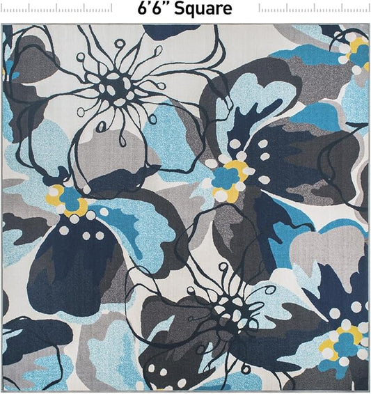 Rugshop Modern Large Floral Non-Slip (Non-Skid) Square for Living Room, Kitchen,Bedroom Area Rug 6'6" x 6'6" Gray