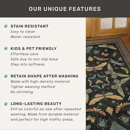 3x5 Entryway Rug Non Slip Washable - Black Throw Rug for Kitchen, Mudroom, Bedroom Bedside, Insect Boho Vintage Aesthetic Décor