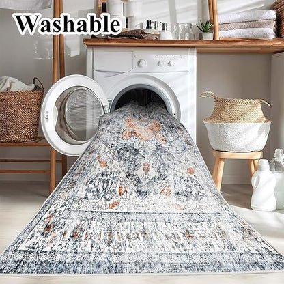 5x7 Washable Thin Foldable Area Rug Gray Vintage Rug Traditional Floor Cover Retro Kitchen Indoor Distressed Non Slip Carpet Floral Print Mat Bedroom Living Room