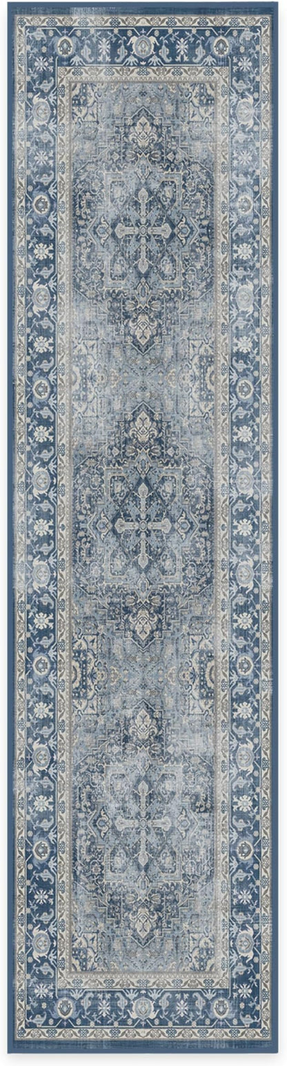 RUGGABLE Washable Vintage Runner Rug – Kamran Admiral Blue 2.5x10, Stain-Resistant, Non-Slip Hallway Runner – Machine Washable Rug for Hallway, Entryway, Living Room & Kitchen – with Cushioned Pad