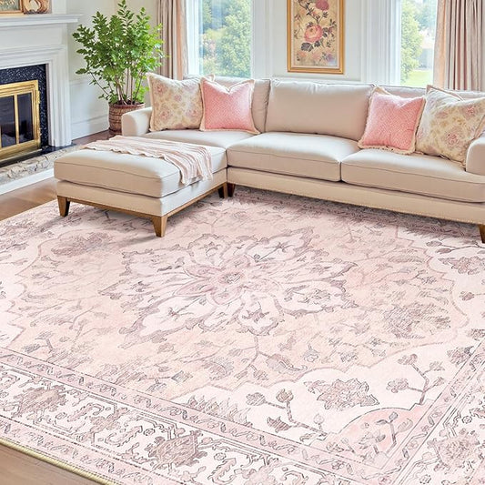 Area Rugs 7'x9' Washable Non-Slip, Floral Vintage Distress Print Pattern Medallion Carpet for Living Room Bedroom Dining Room, Pink Greypink Cute