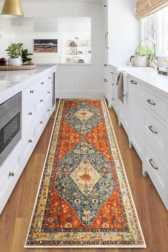 COMSLE Boho Runner Rug, 2' x 7' Washable Rugs for Hallway Faux Wool Small Kitchen Area Rug Distressed Throw Rug Non-Slip Laundry Room Rug Carpet Runner for Entryway Indoor Bedroom