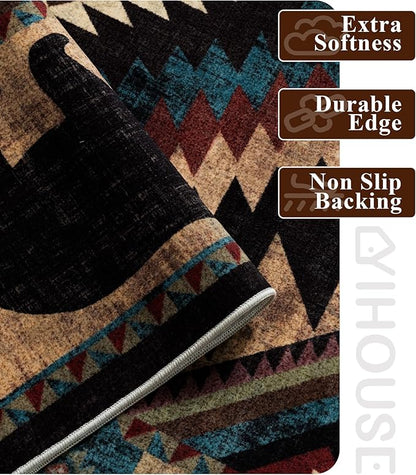 YIHOUSE Rustic Cabin Area Rug 4x6,Machine Washable Lodge Bear Rug,Non-Slip Low Pile Print Pattern Western Aztec Rug for Living Room Bedroom