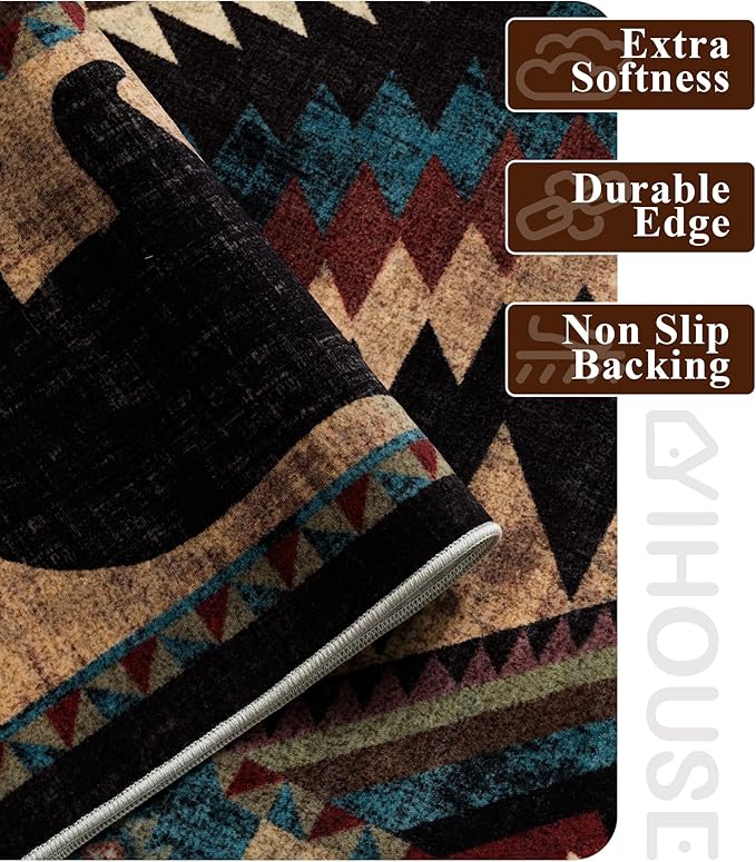 YIHOUSE Rustic Cabin Area Rug for Bedroom 6x9,Machine Washable Lodge Bear Rug,Non-Slip Low Pile Print Pattern Western Rug for Living Room