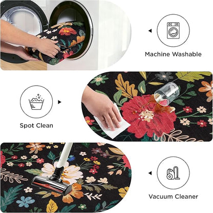 5x7 Washable Rug for Living Room, Floral Black Area Rug, Non Slip Low Pile Soft Flower Carpet, Large Rugs for Bedroom, Dining Room, Office, Kids Playroom, Nursery