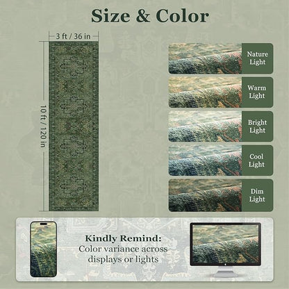 Dark Green 3x10 Long Hallway Runner Rug, Vintage Distressed Medallion Carpet Runners for Entryway, Low Pile Thin Runner Rug Non Slip Washable for Kitchen/Mudroom/Foyer/Bedroom