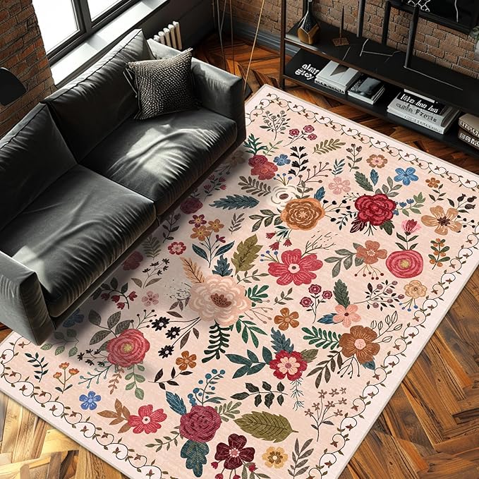 6x9 Area Rugs for Living Room Clearance Washable Boho Area Rug, Vintage Floral Non Slip Low Pile Large Rug for Living Room, Bedroom, Dining Room, Farmhouse (6 x 9 Beige Red)