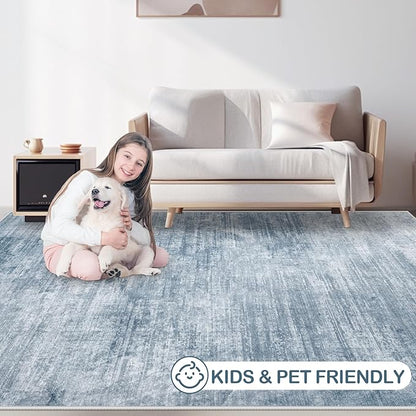 Area Rugs 9x12 Living Room: Washable Rug Modern Abstract Large Rugs Soft Non Slip Neutral Rug Stain Resistant Indoor Carpet for Bedroom Kitchen Dining Room Table Nursery Home Office Rugs(Blue,9'x12')