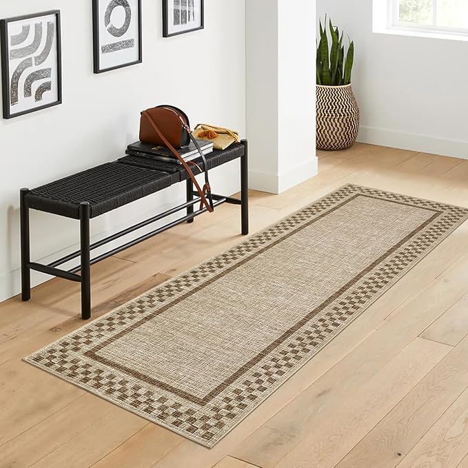 Washable Runner Rug 2x10 Modern Bordered Hallway Runner Rug Non Slip Kitchen Throw Carpet Checkered Bathroom Entryway Runner Rugs Low Pile Solid Area Rugs for Living Room Bedroom Nursery Sink, Taupe