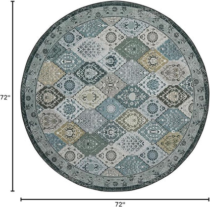 Phantoscope Washable Round Area Rug 6ft Non-Slip, Vintage Boho Rugs for Living Room, Bedroom, Dining Room, Distressed Moroccan Mosaic Diamond Pattern, Low-Pile Foldable Floor Carpet, Grey Charcoal