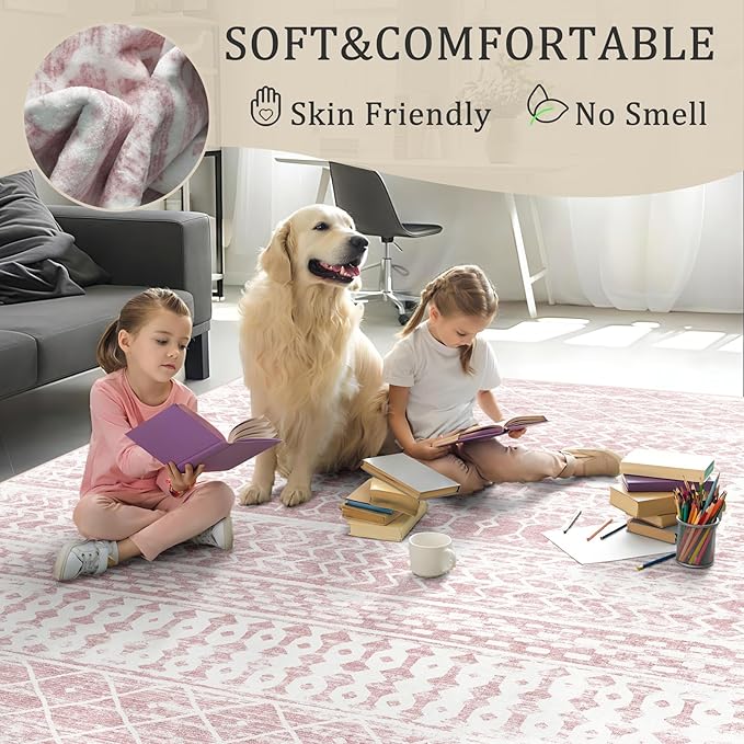 6x9 Machine Washable Area Rug for Living Room, Pink Vintage Moroccan Rug Large Non-Slip Low Pile Soft Faux Wool Carpet, Kids and Pets Friendly for Bedroom Dining Room Farmhouse Home Decor Rug
