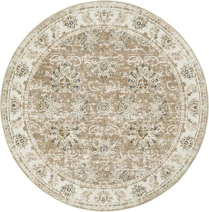 jinchan Fiora Round Rug 5ft Area Rug - Indoor Vintage Hallway Circle 5' Washable - Ultra-Thin Low Pile Soft Small Non Slip Distressed Floral Print for Living Room Dining Room Bedroom Entryway Taupe
