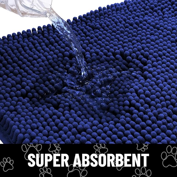 Smiry Dog Door Mat for Muddy Paws, Absorbent Dirt Trapper Non Slip Quick Dry Washable Chenille Mat for Mud Dogs, Entry Rug for Indoor and Outdoor (48x30 Inches, Navy Blue and White)