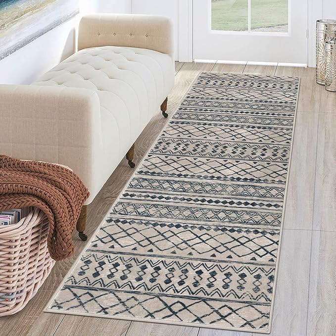 KUTA Moroccan Washable Hallway Runner Rug, 2x6 Non-Slip Vintage Light Brown Black Boho Rugs Kitchen Runners Ultra Soft Distressed Geometric Floor Carpet for Bedroom Laundry Living Room