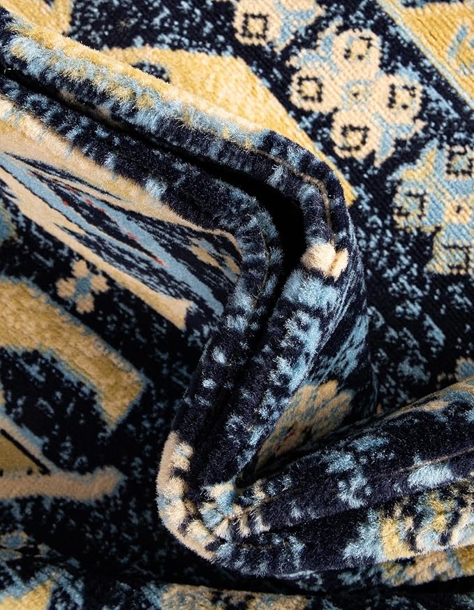 Unique Loom Taftan Collection Border Geometric Tribal Inspired Design Area Rug (3' 0 x 16' 5 Runner, Navy Blue/ Gold)