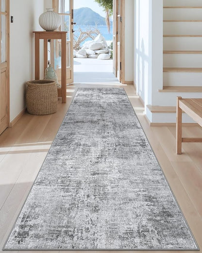 DEXI Hallway Runner Rug 3x12, Modern Abstract Non Slip Thin Soft Runners Carpet, Stain Resistant Washable Indoor Rug for Hallway Entryway Kitchen Laundry Room Living Room, Light Grey