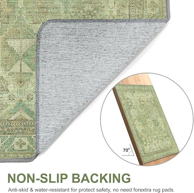 Bavni Washable Rug 5x7 Area Rug for Living Room Bedroom Dining, Washable Vintage Print Carpet, Ultra-Thin Chenille Low Pile Lightweight Rug with Non Slip Backing, Light Green