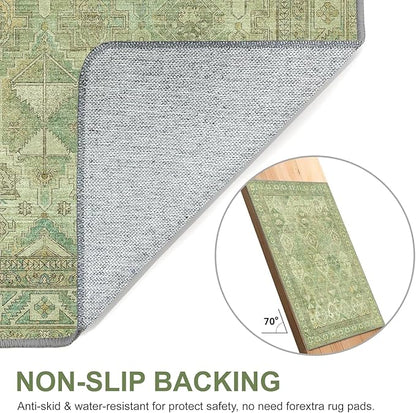 Bavni Washable Rug 5x7 Area Rug for Living Room Bedroom Dining, Washable Vintage Print Carpet, Ultra-Thin Chenille Low Pile Lightweight Rug with Non Slip Backing, Light Green