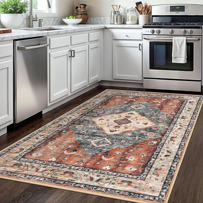KOZYFLY Boho Area Rug 4x6 Ft Rugs for Entryway Washable Entry Rug Non Slip Rug for Living Room Rust/Orange/Blue Printed Faux Wool Vintage Bedroom Throw Rugs for Entrance Kitchen Living Room