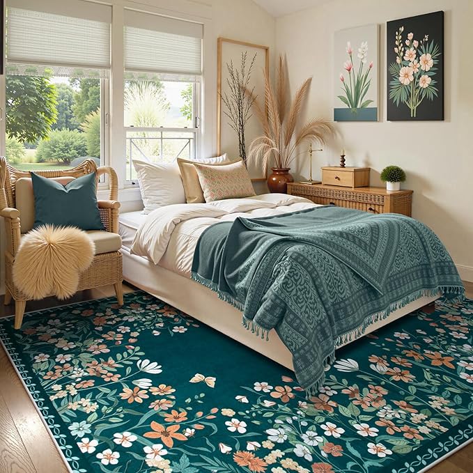 Wonnitar Washable 8x10 Area Rug, Non-Slip Teal Green Floral Rugs for Living Room, Low Pile Soft Bedroom Rug, Stain Resistant Floor Carpet for Dining Room(Teal Green,8'x10')