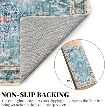 MUJOO Boho Rug 4'x6.5' Area Rugs for Bedroom Living Room Dining Room Teal Small Machine Washable Non Slip Carpet for Office Dorm Bedside Kitchen Laundry Room Accent Soft Blue Floral