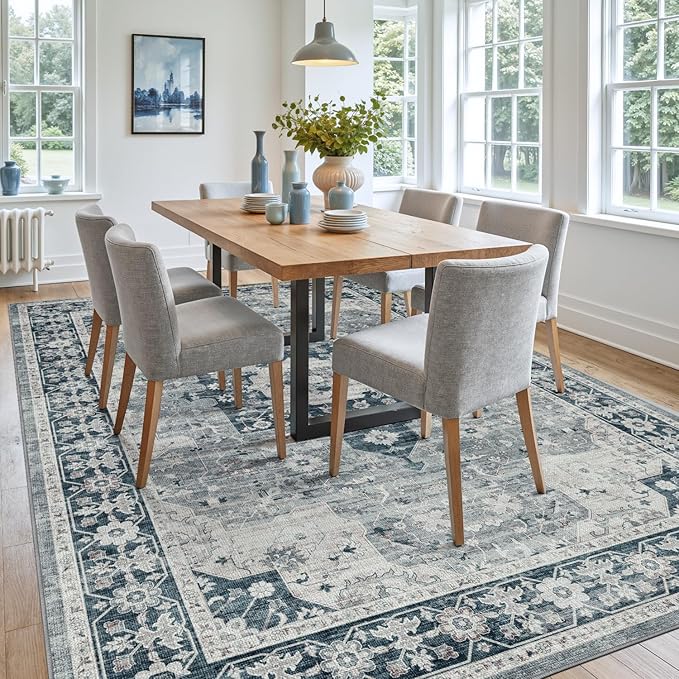 DEXI 8x10 Area Rug for Living Room, Washable Vintage Farmhouse Thin Rug Indoor Floor, Non Slip Stain Resistant Low Pile Carpet for Dining Room Bedroom Office, Blue Grey