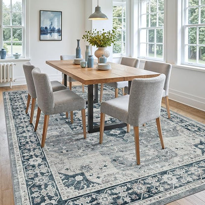 DEXI 5x8 Area Rug for Living Room, Washable Vintage Farmhouse Thin Rug Indoor Floor, Non Slip Stain Resistant Low Pile Carpet for Dining Room Bedroom Office, Blue Grey