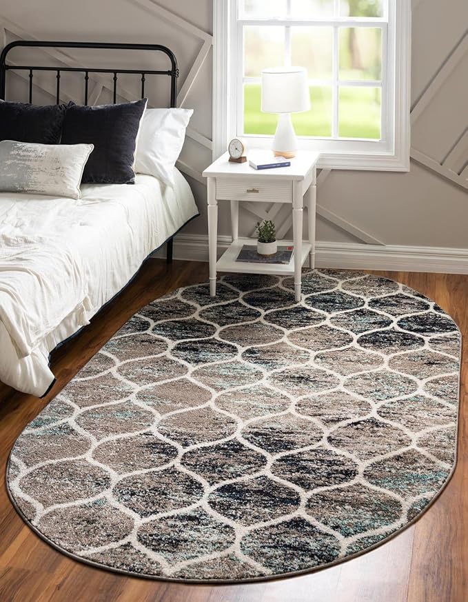 Rugs.com Lattice Frieze Collection Rug – 7' x 10' Oval Blue Multi Medium Rug Perfect for Living Rooms, Large Dining Rooms, Open Floorplans