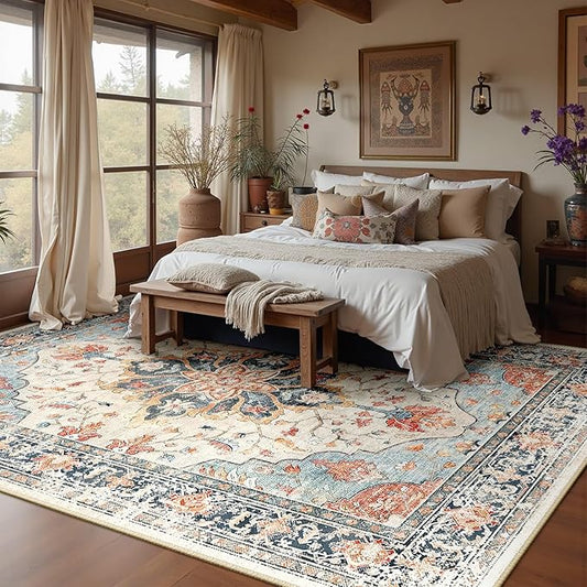 Area Rugs 10'x12' Washable Non-Slip, Floral Vintage Distress Print Pattern Medallion Carpet for Living Room Bedroom Dining Room, Beige Navy Blue Orange Colorful