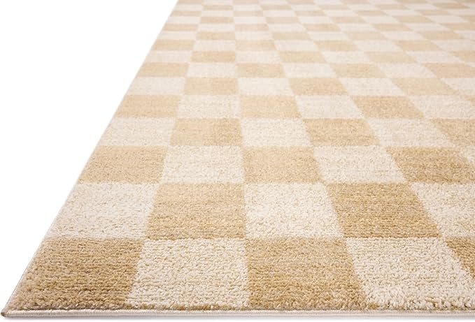 Loloi Chris Loves Julia Calvin Collection CLV-01 Wheat/Ivory 2'-7" x 7'-6" Runner Rug Checkered Neutral Soft Living Room Bedroom Carpet