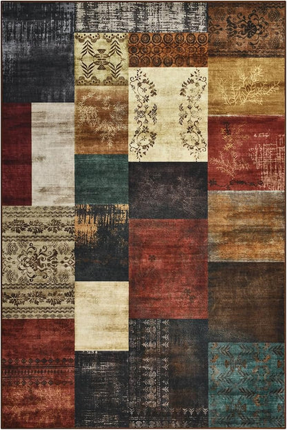 Tepook Modern Area Rug for Living Room, 4x6 Geometric Large Rugs for Bedroom, Washable Patchwork Rug Indoor Non-Slip Throw Carpets for Dining Room Office Farmhouse Home Decor, Multi