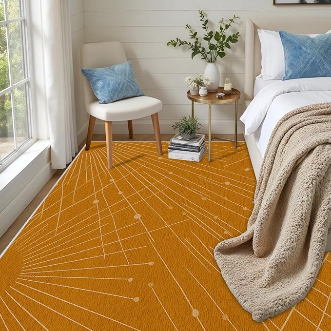 Modern Washable Area Rug 8x10, Boho Minimalist Non-Slip Rugs, Abstract Striped Soft Carpet for Living Room Bedroom Nursery Room Home Decor Office, Pet Friendly, Orange Beige