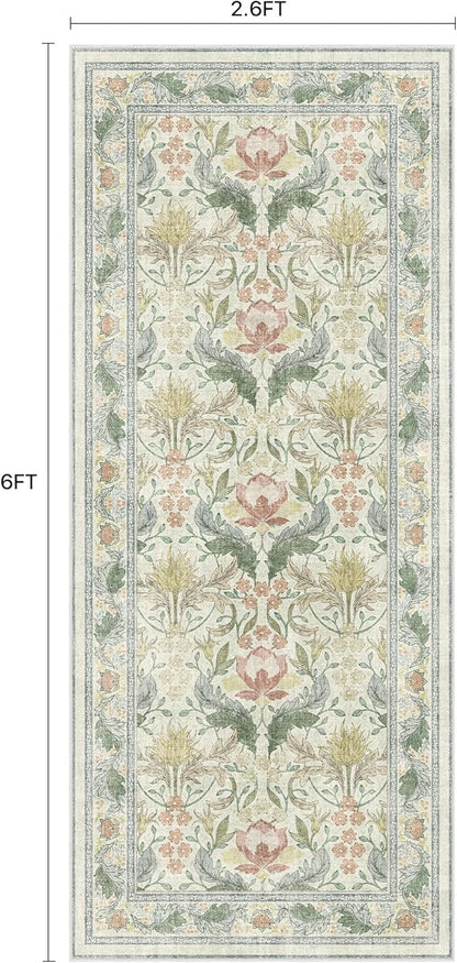 Bavni 2'6''x6 Runner Rug,Microfiber Washable Non-Slip Vintage Floral Rugs,Low Pile Lightweight Carpet for Bedroom,Hallway,Entryway,Kitchen,Bathroom, Beige&Green