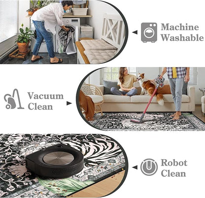 Moynesa Tiger 8x10 Area Rug, Washable Boho Rugs for Living Room, Vintage Large Soft Dining Room Rug, Non Slip Ultra Thin Stain Resistant Floor Carpet for Home Office Bedroom, Black