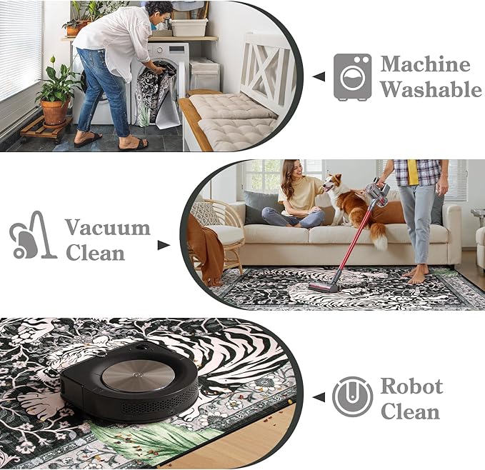 Moynesa Tiger 5x7 Area Rugs, Boho Washable Rugs for Living Room, Vintage Soft Dining Room Rug, Non Slip Ultra Thin Stain Resistant Large Floor Carpet for Office Bedroom, Black