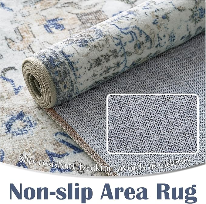 jinchan Kalen Area Rug 8x10 Washable Living Room Rug Soft Vintage Indoor Thin Retro Distressed Floor Cover Blue Floral Country Boho Rug Non Slip Carpet for Bedroom Office Dining Room