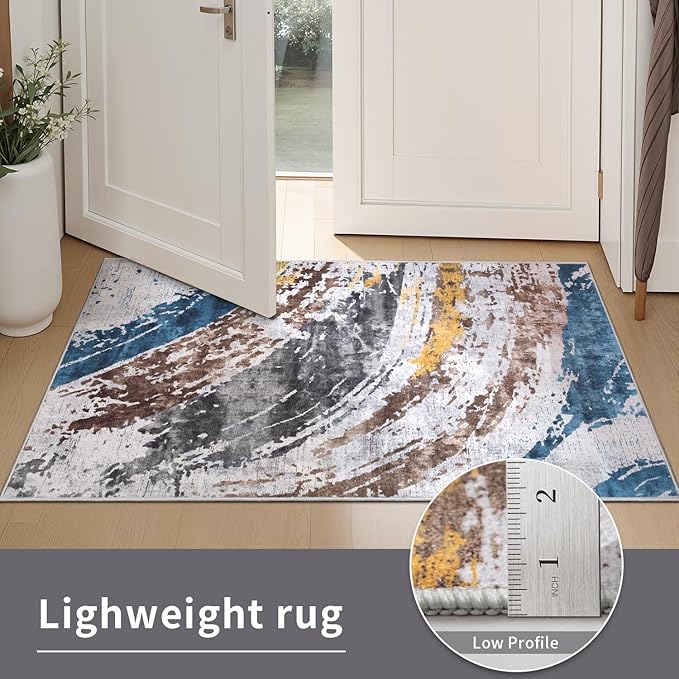 Ciicool Abstract Area Rug Indoor, 3x5 Washable Entryway Rug, Modern Throw Entry Rug with Non-Slip Backing for Bedroom Living Room Entrance Kitchen, Low-Pile Floor Carpet Doormat Grey Brown Yellow