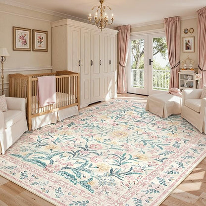 Lahome Boho Pink and White Area Rugs 9x12 Living Room, Washable Floral Large Area Rugs for Bedroom Kids Playroom, Soft Non-Slip Thin Carpet for Nursery Home Decor, Blush
