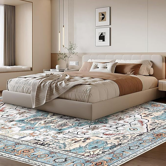 WILLSUN Washable Area Rugs, 8x10 Non-Slip Boho Large Area Rugs for Living Room, Bedroom, Machine Washable Vintage Rug, Indoor Floral Print Carpet for Home Decor, Kid & Pet Friendly Mat