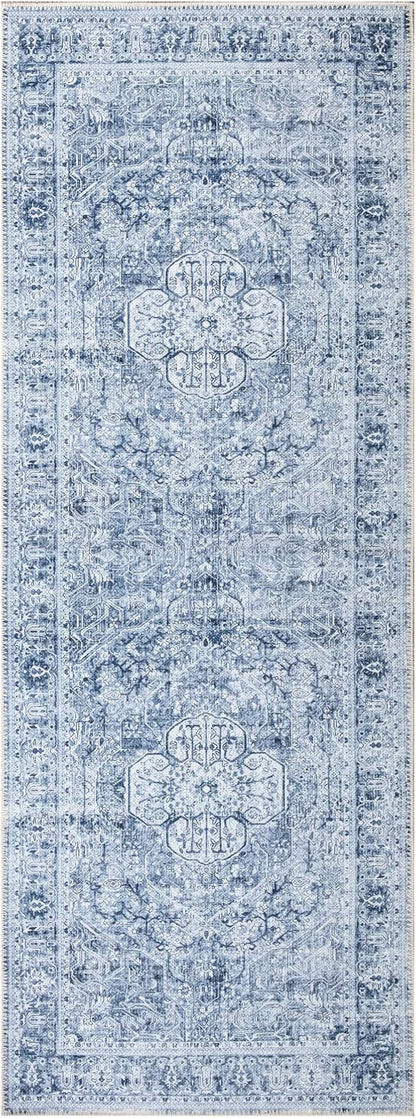 Bloom Rugs Washable Non-Slip 12 ft Runner - Ivory/Denim Blue Traditional Medallion Runner for Entryway, Hallway, Bathroom, and Kitchen - Exact Size: 2.5' x 12'