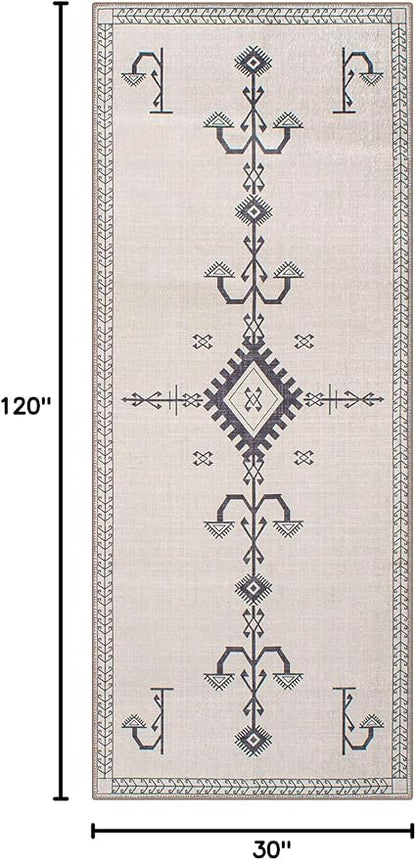 GLN Rugs Contemporary Collection - Machine Washable Area Rug, Contemporary Washable, Non Slip, Low Pile Chenille Rug, Living Room, Bedroom, Kitchen Rug (2'6" x 10' Cream/Anthracite)