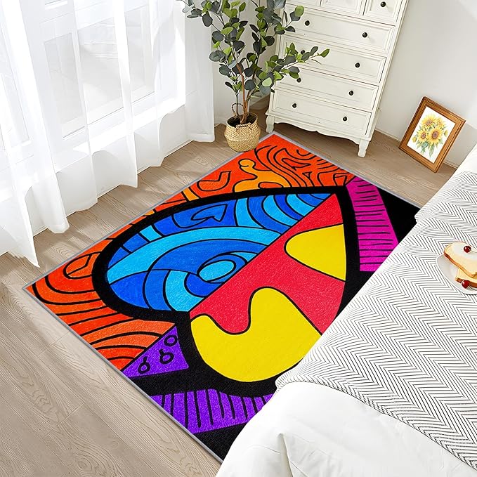 Abstract Rug - 4x6 Rug, Colorful Pop Art Area Rugs, Hippie Aesthetic Funky Low Pile Stain Resistant Floor Carpets House Decor #C122