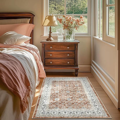 jinchan Floral 3x5 Area Rugs for Entryway - Orange Vintage Distressed Design Doormat Non-Slip Ultra-Thin Low Pile Boho Rug for Kitchen Living Room Bedroom Farmhouse (3‘x5', Orange)