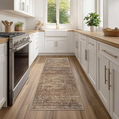 Fmfunctex 2x6 Hallway Runner Rug Rust Brown Vintage Neutral Washable Distressed Non Slip Low Pile Traditional Indoor Carpet Retro Entryway Rug for Kitchen Living Room Bedroom Bathroom Laundry Entrance