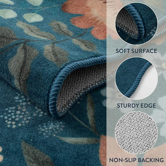 Lahome Floral Machine Washable Rug, 3x5 Rug Non Slip Soft Bedroom Rugs for Entryway Dorm, Ultra-Thin Boho Rugs for Living Room Stain Resistan Throw Carpet for Nursery Entrance, Navy Blue