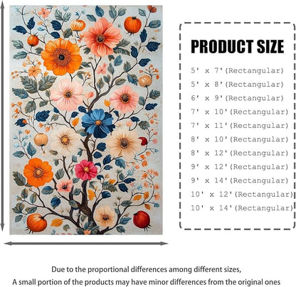 9x14 Colorful Flower Area Rugs, Floral Vintage Large Rugs, Floral Rugs, Botanical Rug, Washable Boho Botanical Non Slip Carpet for Living Room, Bedroom, Kids Room