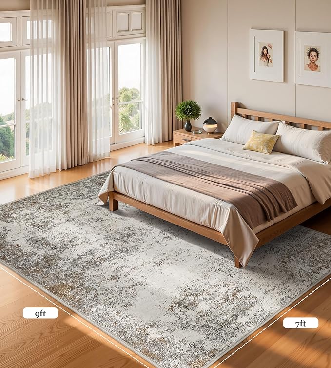 7x9 Washable Area Rugs - Modern Abstract Rugs for Living Room Non-Slip Low Pile Soft Machine Washable Carpet for Bedroom, Dining Room, Nursery, Home Office, Farmhouse (7'x9' Brown Grey)