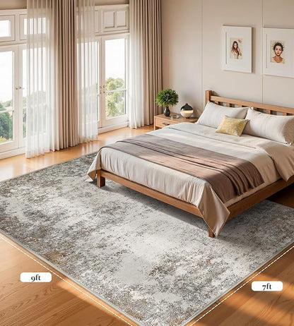 7x9 Washable Area Rugs - Modern Abstract Rugs for Living Room Non-Slip Low Pile Soft Machine Washable Carpet for Bedroom, Dining Room, Nursery, Home Office, Farmhouse (7'x9' Brown Grey)